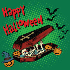 Happy Halloween holiday, coffin skeleton evil pumpkin