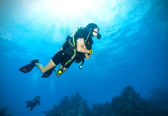 Naklejka na ściany i meble Young woman scuba diver exploring sea bottom