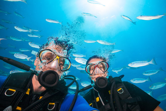 Scuba divers looking at camera underwater