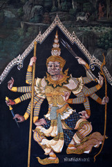 Ancient painted fresco on a temple wall at Wat Phra Kaew in Bangkok, Thailand
