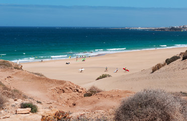 Fuerteventura, Isole Canarie: vista panoramica della Playa del Aguila, una delle spiagge più famose dell'area nord ovest vicino a El Cotillo, il 31 agosto 2016