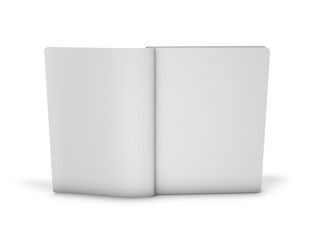 Open blank pages of note book with round  corners standing isolated on white background 3D illustration.
