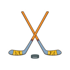Hockey sticks and puck icon in cartoon style isolated on white background vector illustration