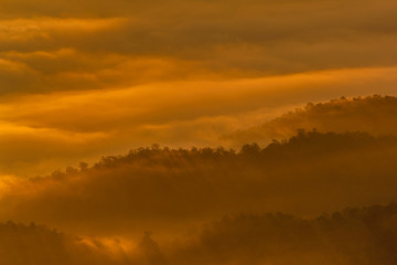 Fototapeta premium Layer of mountains in the mist at sunrise time, Sri Nan National Park, Nan Province, Thailand