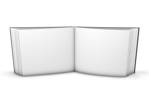 Open book with hardcover and blank pages mock up landscape orientation.