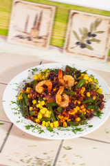 Hot salad with shrimp, corn, green beans, red onion, stewed, fried, Italian kitchen, tiles, Provence