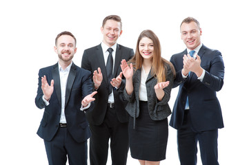 Congratulations! Group of happy business people in formal wear applauding and smiling. Isolated on white.