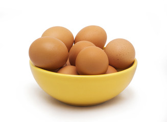 Egg, Brown Eggs in Yellow Plate, Isolated on White Background