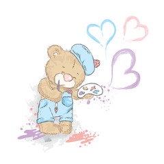 Cute Teddy bear in a overall and beret. Bear with palette and brush. Artist. Watercolor vector illustration for postcards, a poster, or print on clothing. Creativity and Hobbies.