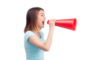 Naklejka premium Asian girl shouting with a megaphone