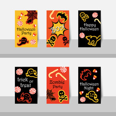Set of Halloween small cards party, happy Halloween night, trick or treat, in orange, yellow, black and white colors.