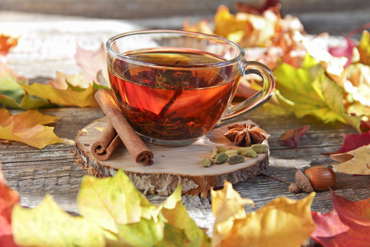 tea cup and autumn leaves on a wooden background