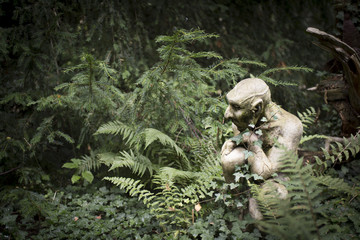 Stone Goblin in Fern Grotto in an English Country Garden covwen in Ivy