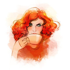Beautiful redhead girl drinking morning hot coffee or tea. Watercolor illustration.