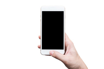 Hand holding smartphone with black mockup screen.