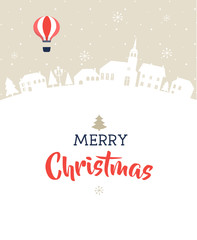 Merry Christmas, magic winter village with lettering, modern poster, greeting card and illustration