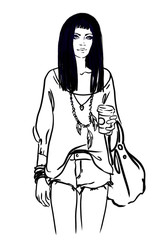 Urban street style: Pretty hipster girl with pink hair holding c