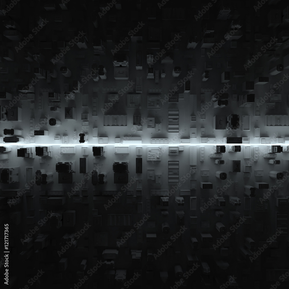 Poster abstract 3d rendering background. city block with bright line that cross it. glowing 3d shape in the