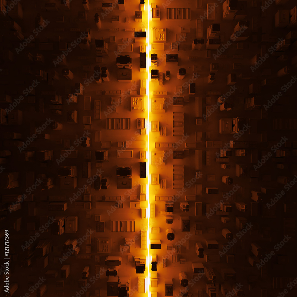 Poster abstract 3d rendering background. city block with bright line that cross it. glowing 3d shape in the