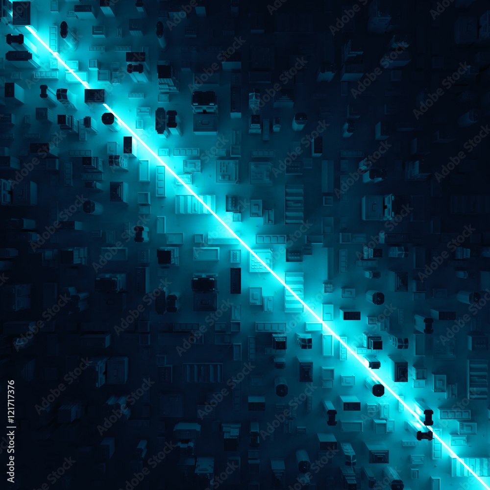 Poster abstract 3d rendering background. city block with bright line that cross it. glowing 3d shape in the