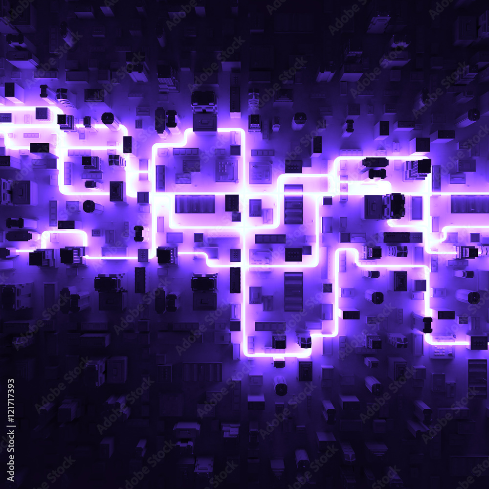 Poster abstract 3d rendering background. city block with bright line that cross it. glowing 3d shape in the