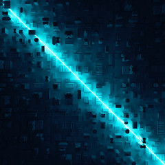 Abstract 3d rendering background. City block with bright line that cross it. Glowing 3d shape  in the center of computer generated city. Concept illustration.
