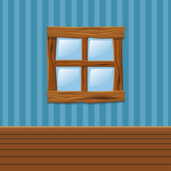Cartoon Wooden old window, Home Interior in vector