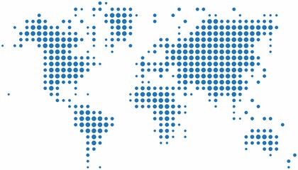 Blue dots world map on white background, vector illustration.