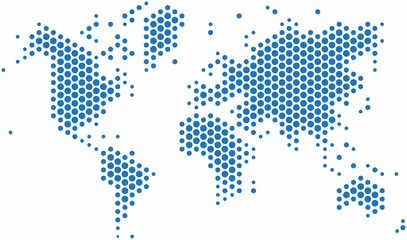 Blue dots world map on white background, vector illustration.