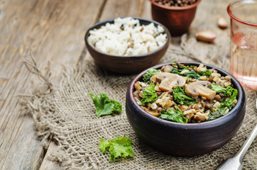 Kale green lentils mushrooms fried white and wild rice
