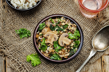 Kale green lentils mushrooms fried white and wild rice