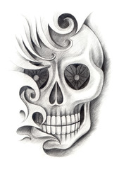 Obraz premium Art skull tattoo.Art design skull head mix graphic tribal tattoo hand pencil drawing on paper.
