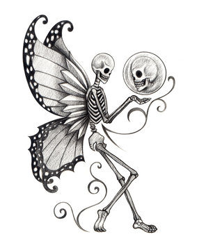 Art skull fairy tattoo.Art design skull fairy surreal for tattoo hand pencil drawing on paper.