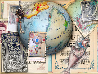 Obraz premium Collage con mappamondo francobolli,mappe vintage e mongolfiera