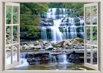Fototapeten Offene Fensteransicht zum Wasserfall © leksele
