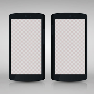 Flat 3d isolated black smartphones mockups with blank screen isolated. Empty screen phone. Vector illustration. for printing and web element, Game and application mockup.