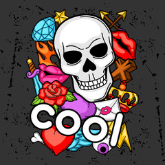 Print with retro tattoo symbols. Cartoon old school illustration