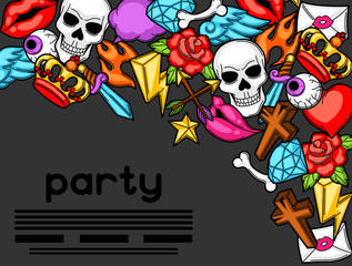 Party invitation with retro tattoo symbols. Cartoon old school illustration