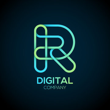 Letter R Logo Design.Linked shape circle symbol,Digital,green blue