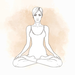 Beautiful Caucasian Brunette Girl sitting in Lotus pose with isolated on white background. Vector illustration. Spa consent, yoga studio, or natural medicine clinic. 