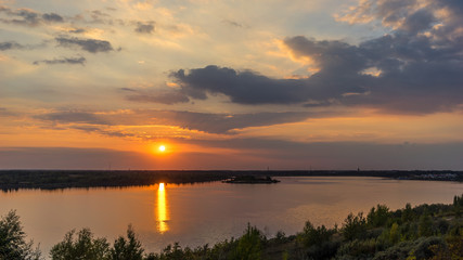 Beautiful sunset above the Markkleeberger Lake, Leipzig, Germany