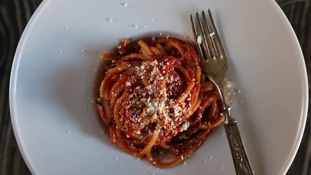 bucatini with amatriciana sauce in the dish in movement