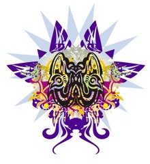 Grunge twirled sharks. Two tribal sharks with colorful splashes against the background of a star  