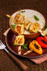 Chicken Kebab or Kabob Skewers with Rice. Selective focus. 