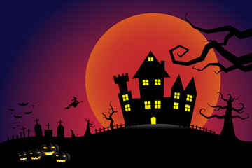 Fototapeta na wymiar Halloween pumpkins and a flying witch from dark castle with bloo