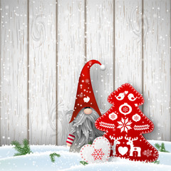Scandinavian christmas traditional gnome, Tomte with other seasonal decorations, illustration