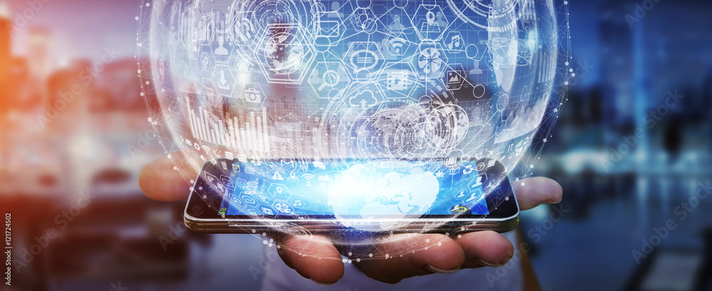 Poster businessman using digital graph interface