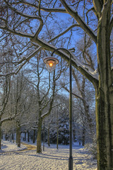 vintage lantern in snowy park