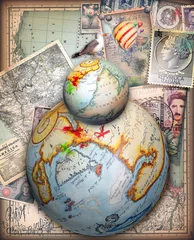 Photo sur Plexiglas Imagination Vecchie carte da viaggio con mappamondi fantastici e francobolli vintage - serie