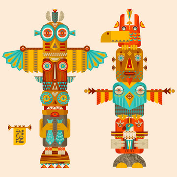 Multi-colored totem poles.